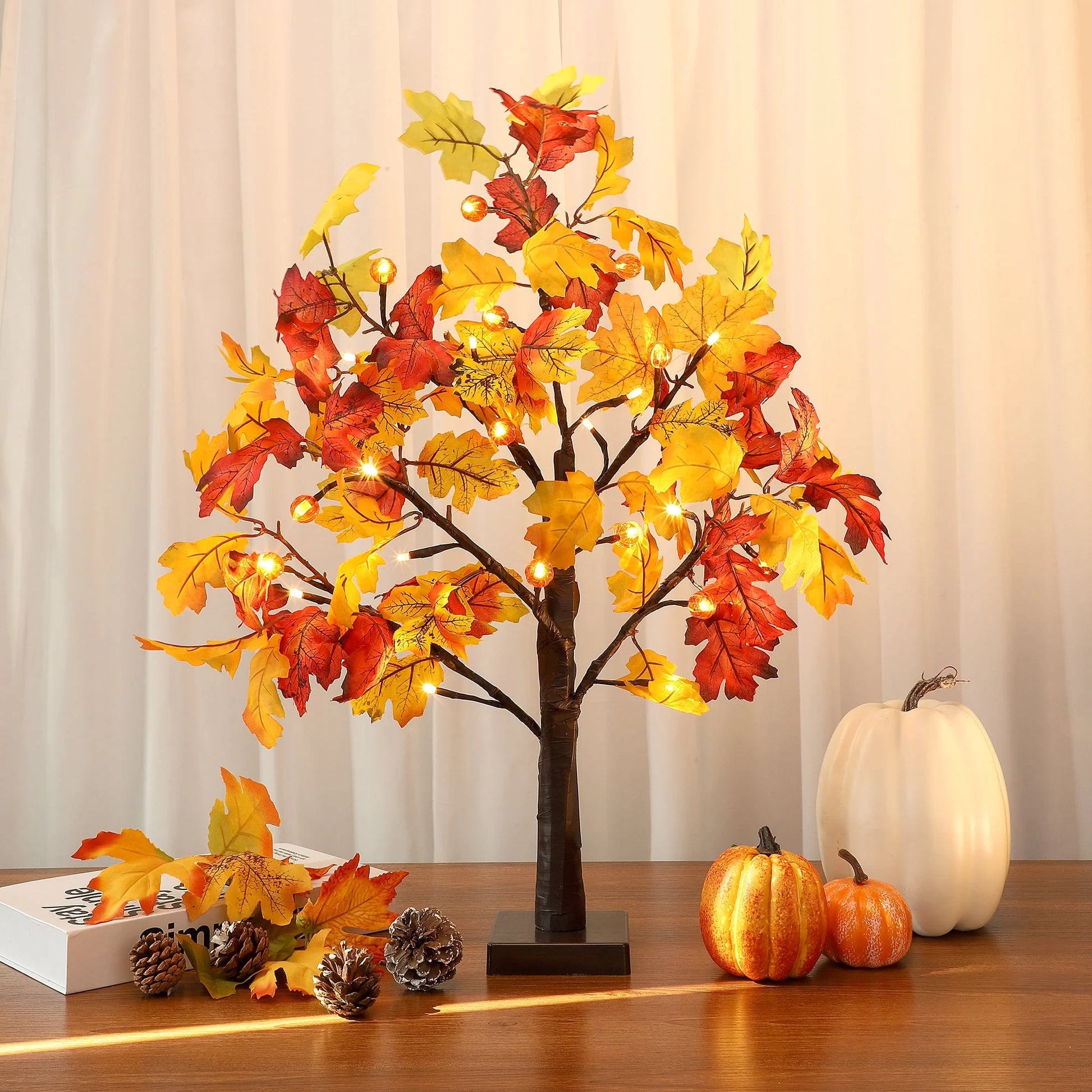 25" Artificial Fall Maple Leaves Tree, 24 LED Fake Autumn Tree Pumpkins Table Lights Indoor Wedding Party Fall Decorations for Home