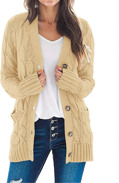 Women'S 2025 Fall Long Sleeve Cable Knit Sweater Open Front Cardigan Button Loose Outerwear