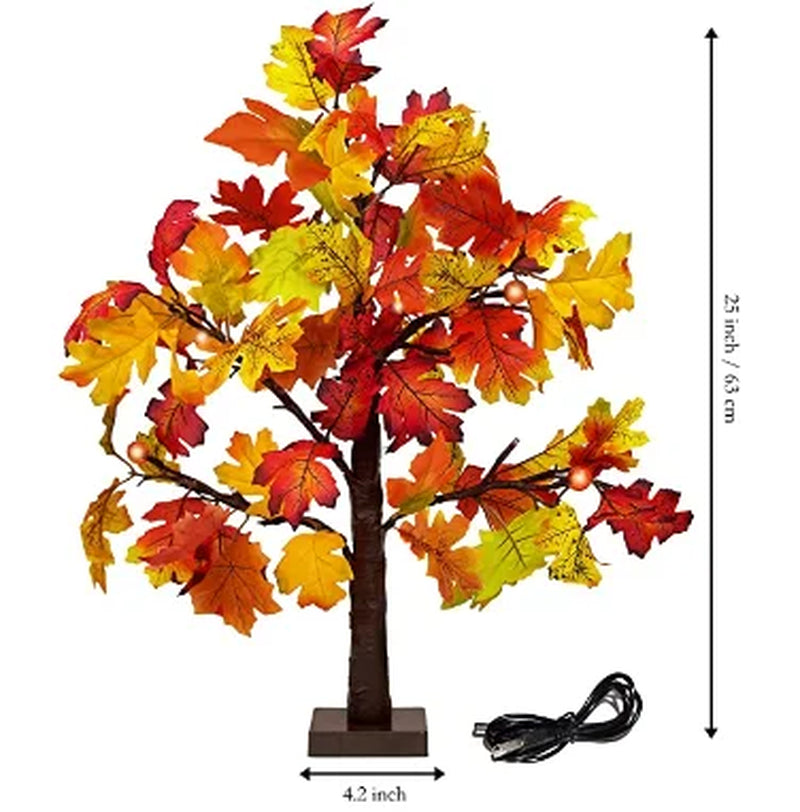 25" Artificial Fall Maple Leaves Tree, 24 LED Fake Autumn Tree Pumpkins Table Lights Indoor Wedding Party Fall Decorations for Home