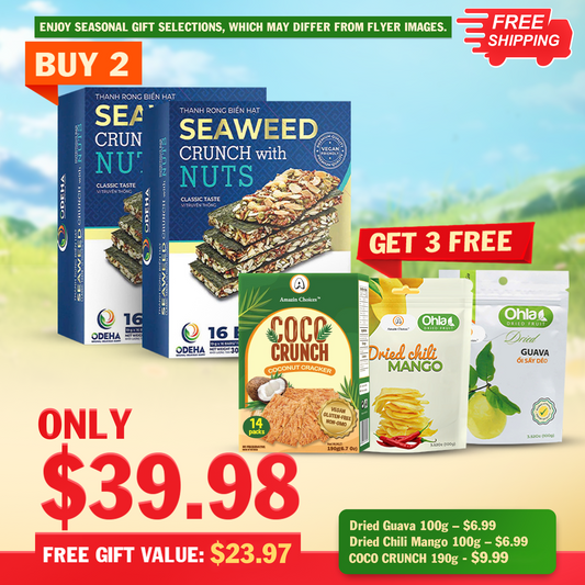 Buy for $39.98, Get 3 FREE Snack Gifts ($20.97 Value) – Amazin Choices Premium Seaweed Crunch with Nuts, 2 Boxes (32 Bars) – Gifts: Dried Guava, Coconut Cracker & Dried Chili Mango