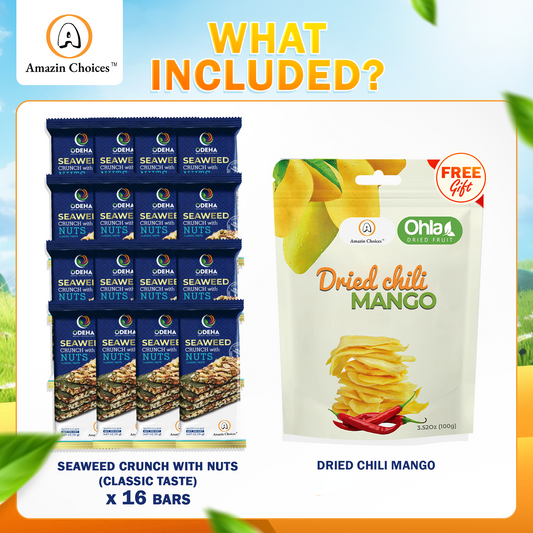 Amazin Choices Premium Seaweed Crunch with Nuts (16 Bars) – Healthy Vegan Snack – Buy for $19.99 Get FREE Dried Chili Mango 3.52oz ($7.99 Value) – Snack Viet