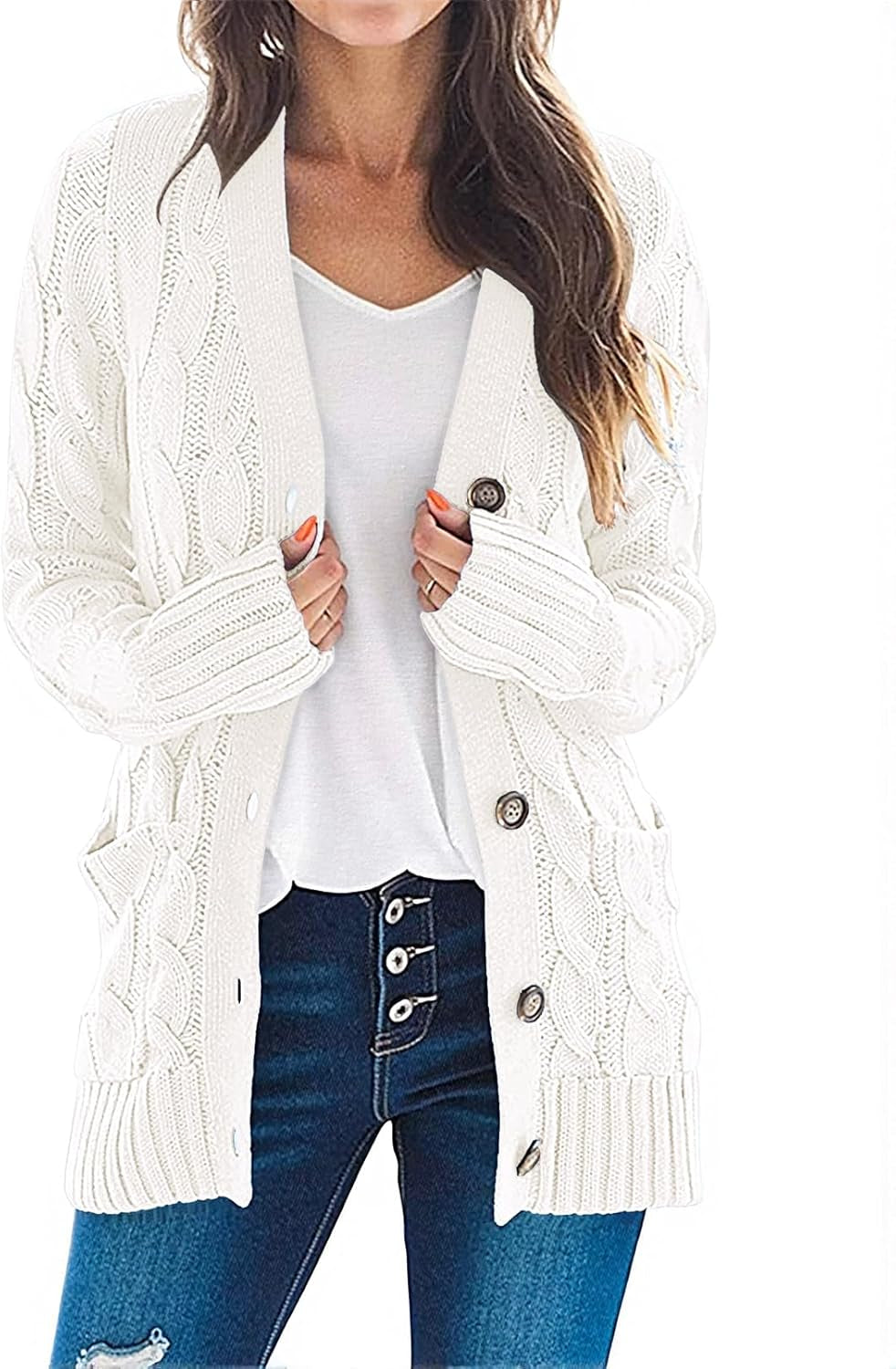 Women'S 2025 Fall Long Sleeve Cable Knit Sweater Open Front Cardigan Button Loose Outerwear