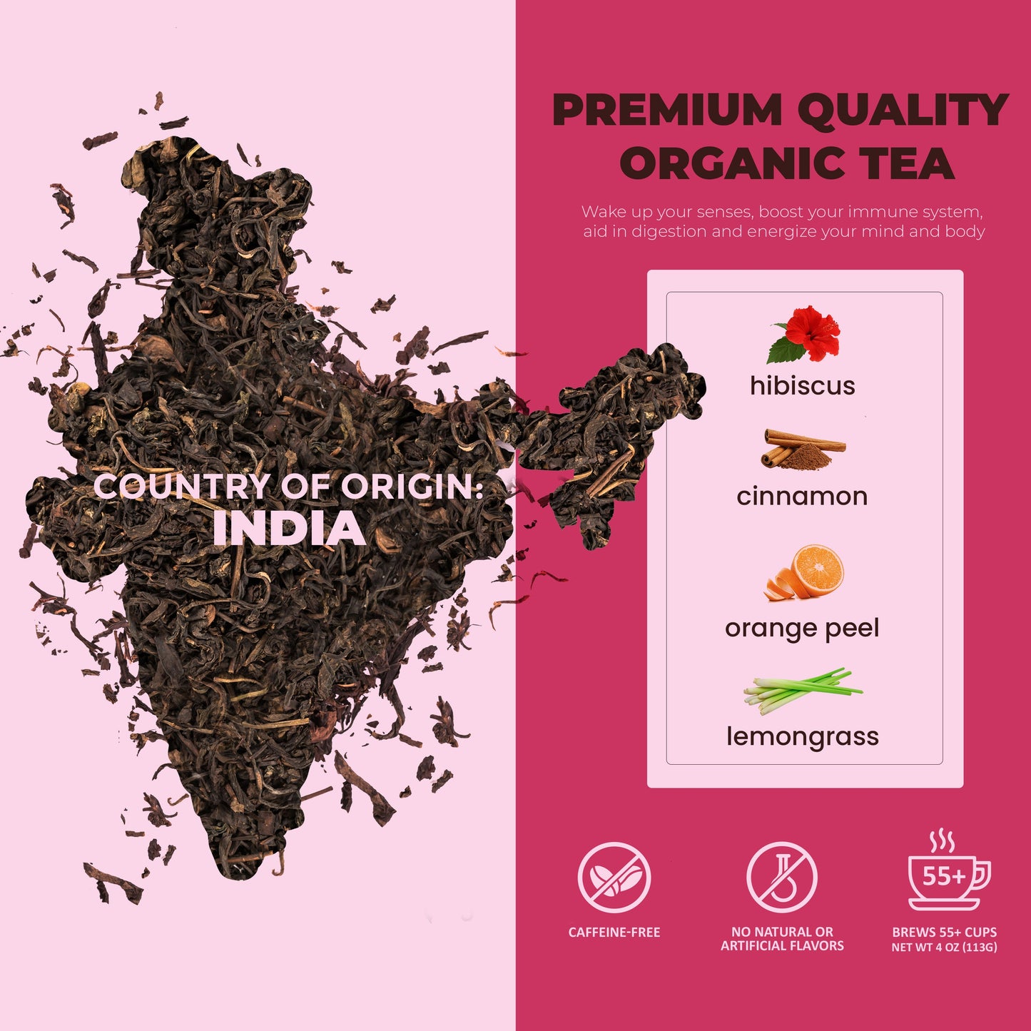 Cinnamon Hibiscus Loose Tea, Heart Health & Antioxidant Rich - Caffeine Free - 55+ Cups - USDA Organic & Kosher - 4 oz (113g)