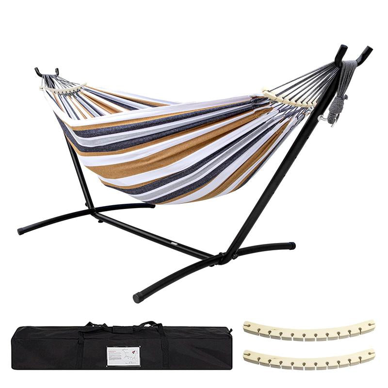 Double Hammock Set with Steel Stand,Brazilian Style Double Hammock Set with Steel Stand 450Lb Capacity Steel Stand, Premium Carry Bag Included, for Backyard, Camping,Garden Double Hammock Canvas Outdoor Patio,Heavy Duty Portable Hammock Stand