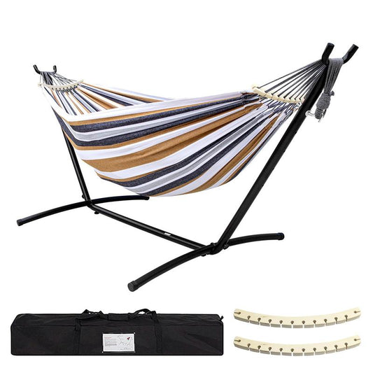 Double Hammock Set with Steel Stand,Brazilian Style Double Hammock Set with Steel Stand 450Lb Capacity Steel Stand, Premium Carry Bag Included, for Backyard, Camping,Garden Double Hammock Canvas Outdoor Patio,Heavy Duty Portable Hammock Stand