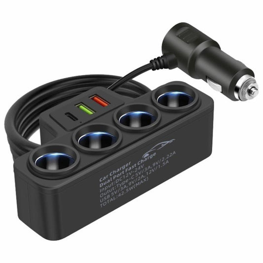 120W Car 4-Socket Adapter with PD Fast Charge,Qc3.0 & PD 3 Charging Ports, Super Fastcharger Adapter for 12V/24V Vehicles