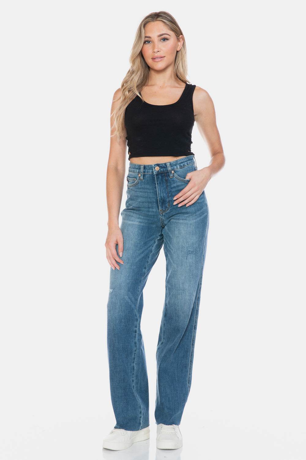 Judy Blue Full Size Tummy Control Cut Raw Hem Straight Women Jeans