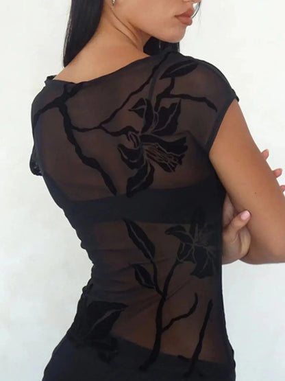 Black Velvet Sheer Floral Mesh Top