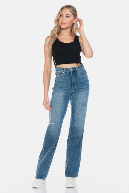 Judy Blue Full Size Tummy Control Cut Raw Hem Straight Women Jeans