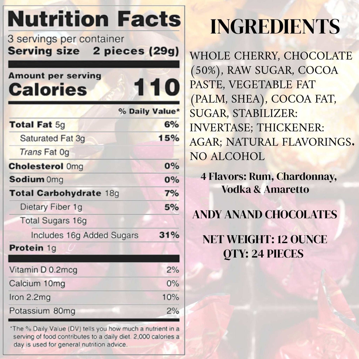 Andy Anand Chocolate Covered Cherries – Vegan Dark Chocolate Cordials Made with 60% Dark Chocolate (Cocoa Butter), 24 pcs