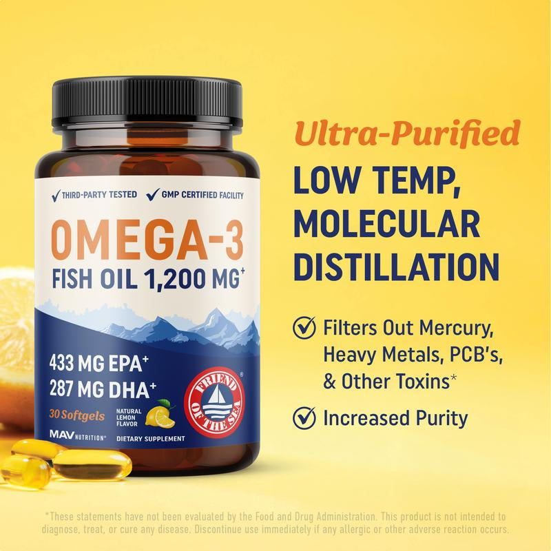 Triple Strength Omega 3 Fish Oil 1200 Mg | EPA & DHA | Wild Caught, Sustainably Sourced Omega-3 Fatty Acids | Premium Burpless Fish Oil Supplements