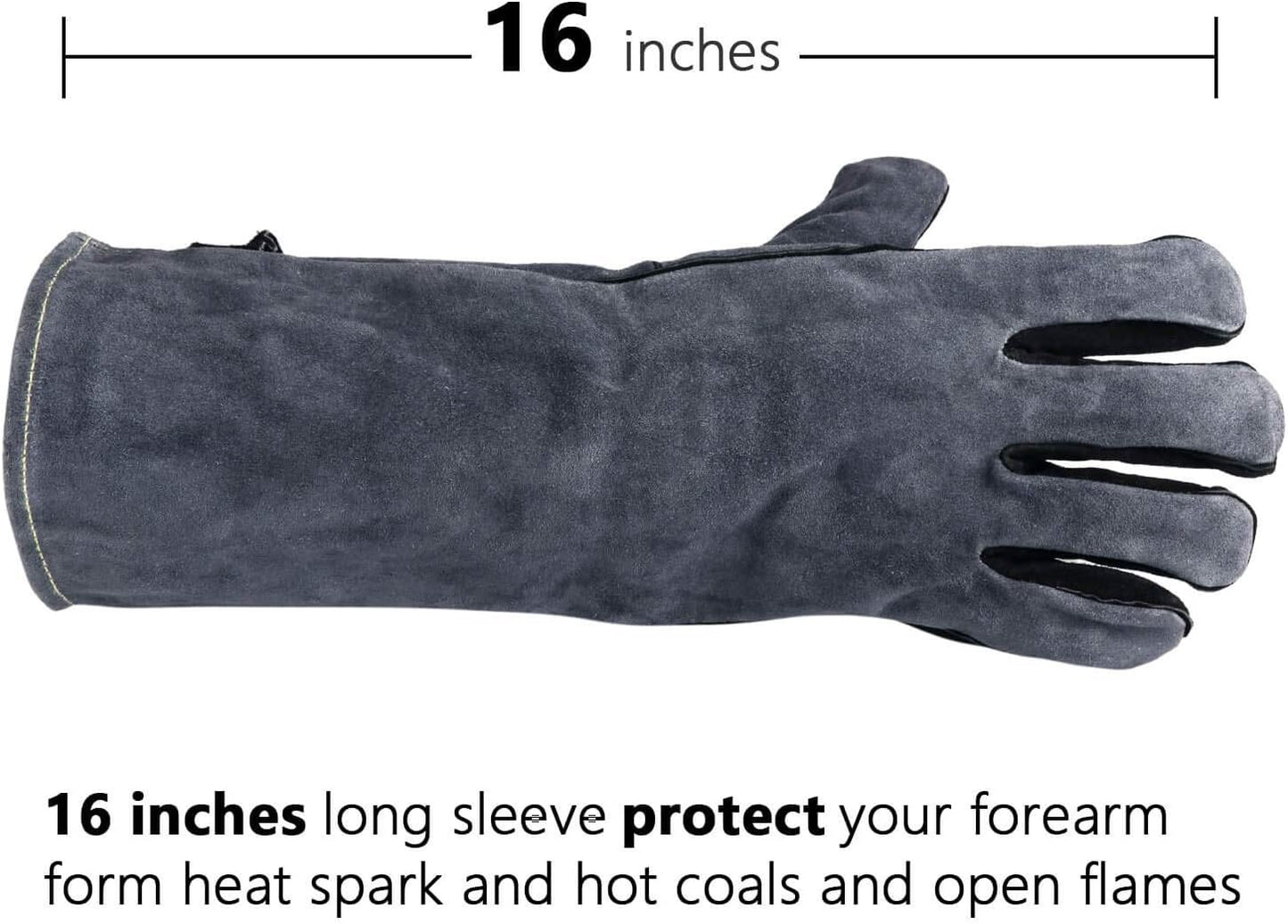 932°F Heat Resistant Welding Gloves 16 Inches Cowhide Leather - Long Sleeve and Insulated Lining BBQ Glove for Tig Welder/Mig/Grill/Barbecue/Stove Black-Gray