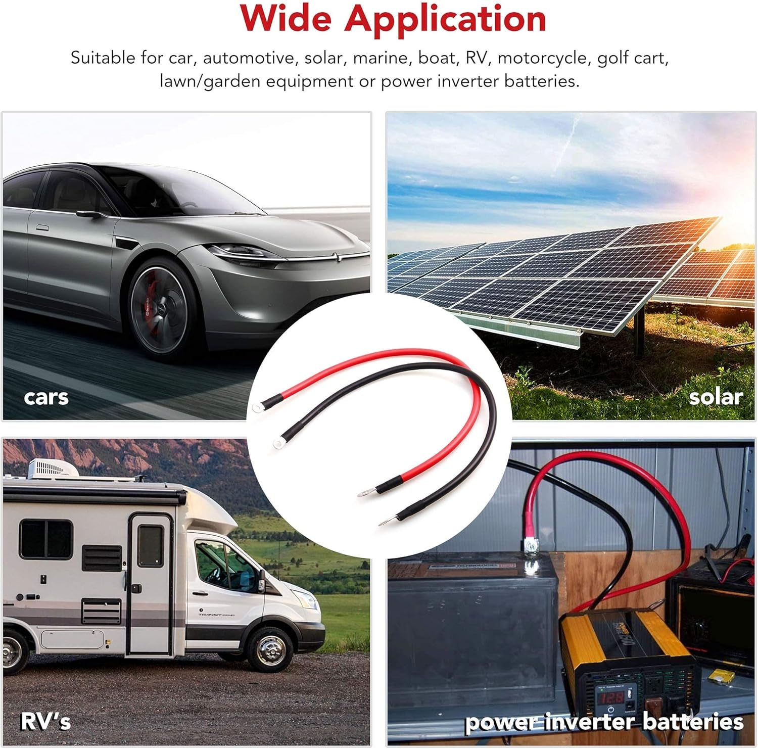 8 AWG Battery Cables, 8 Gauge 2 Feet Red + 2 Feet Black Pure Copper Wires with 3/8" Lugs Both Ends for Car Marine Solar Lawn Mower Motorcycle