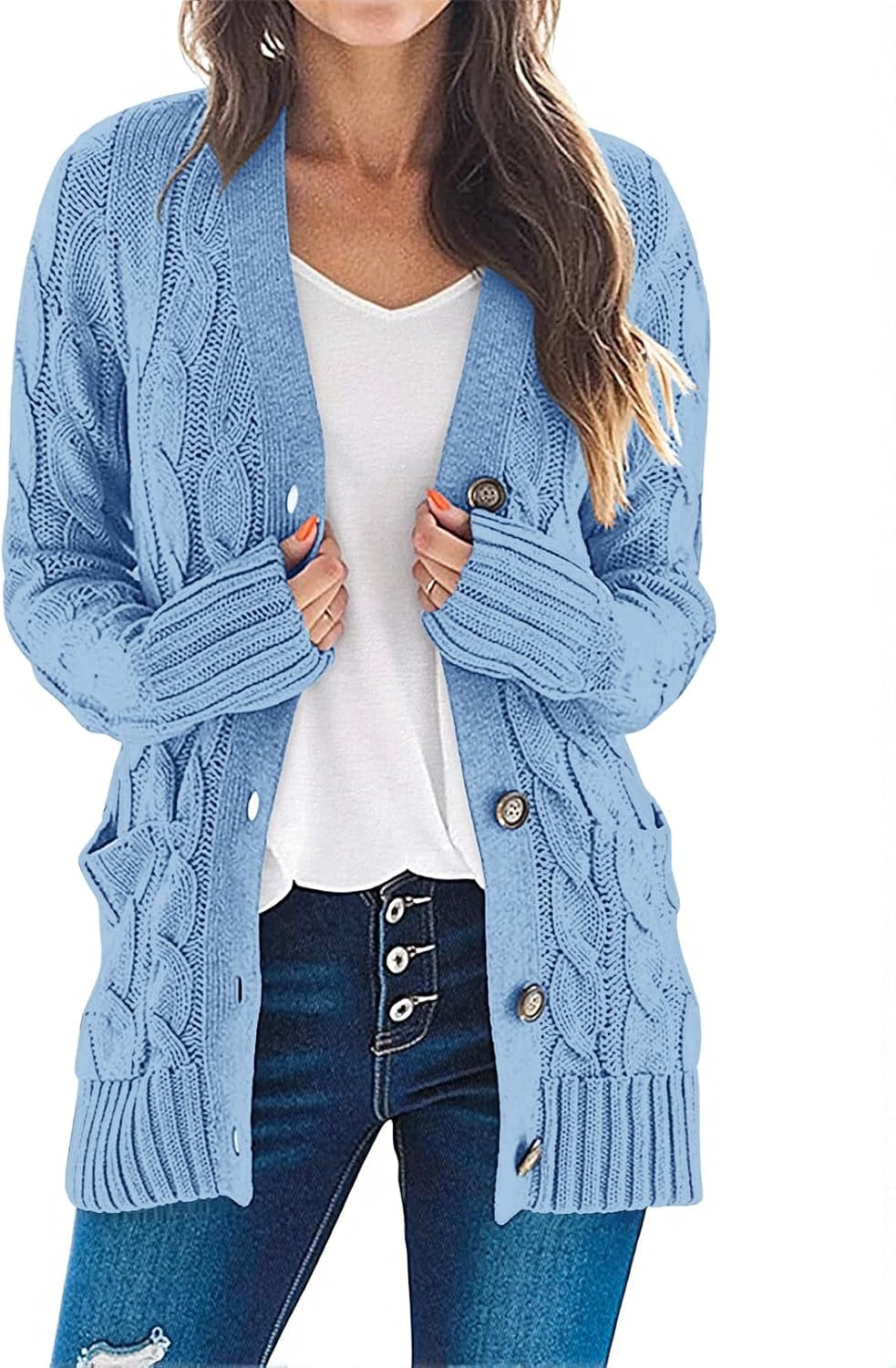 Women'S 2025 Fall Long Sleeve Cable Knit Sweater Open Front Cardigan Button Loose Outerwear
