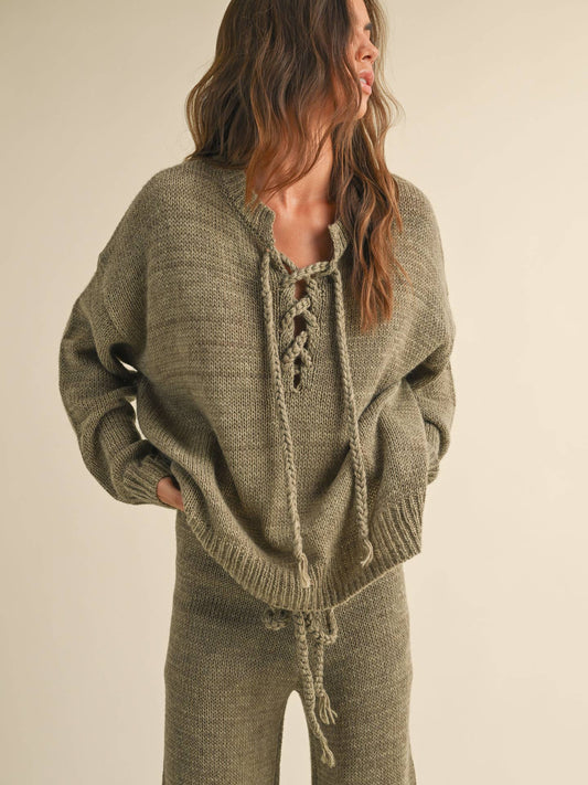 Olive Lace Up Sweater