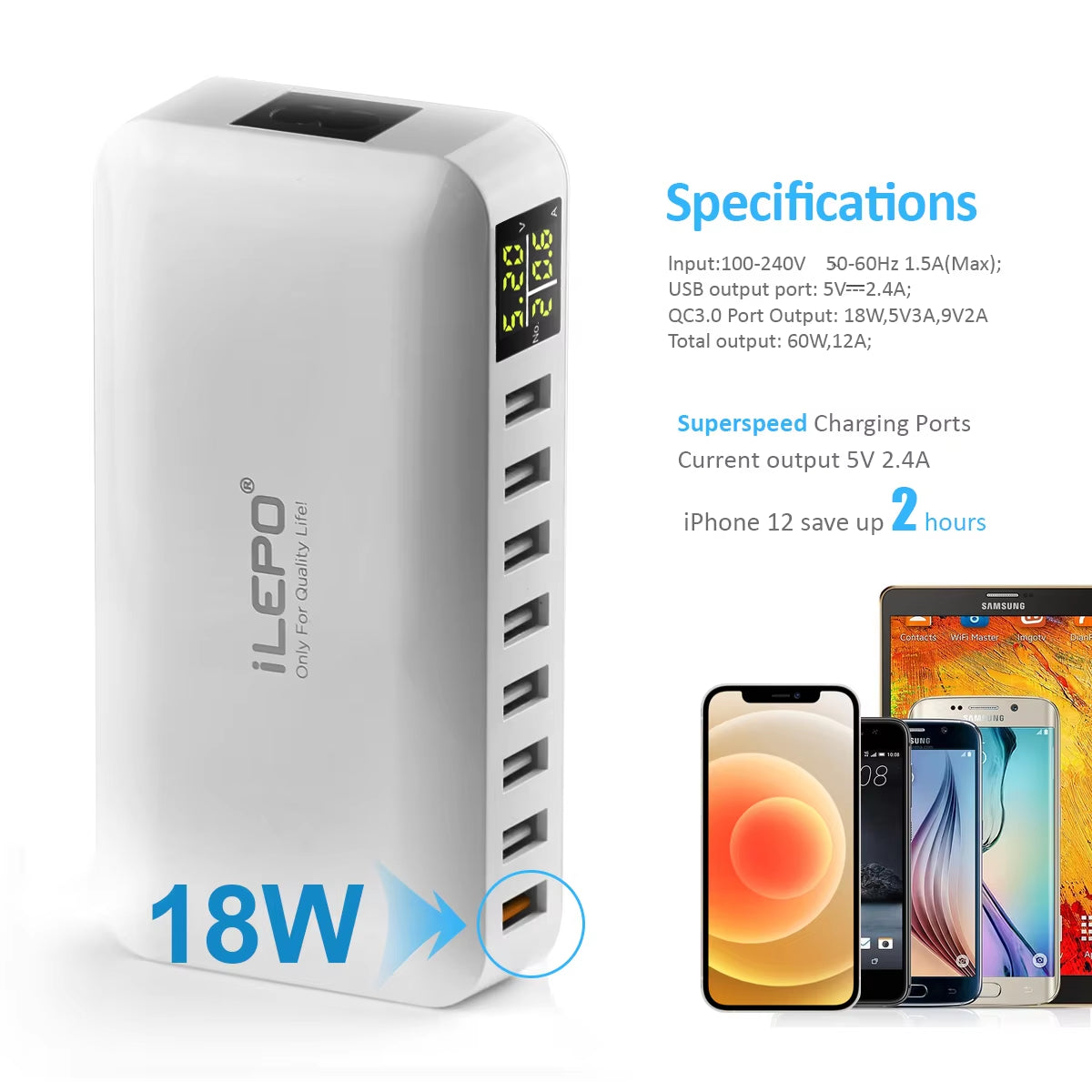 60W 8 Port USB Fast Charger QC3.0 HUB Smart Quick Charge with LED Display Multi USB Charging Station Mobile Phone Desktop Home