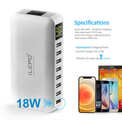60W 8 Port USB Fast Charger QC3.0 HUB Smart Quick Charge with LED Display Multi USB Charging Station Mobile Phone Desktop Home