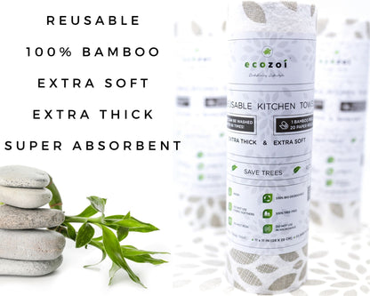 ecozoi Bamboo Kitchen Paper Towels, Reusable Tree-Free Rolls with Design, 4 Pack