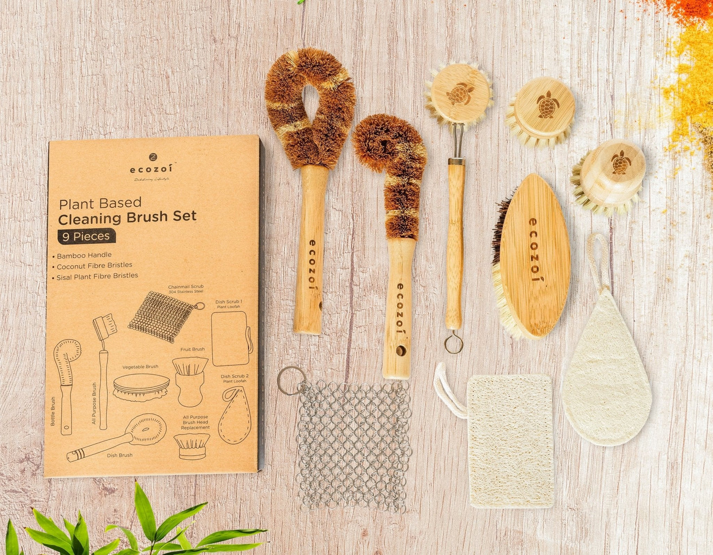 ecozoi Dish Brush Set, 9 Piece Kitchen Scrub, Zero Waste Brush Set, Plant Based Vegetable Brush Set