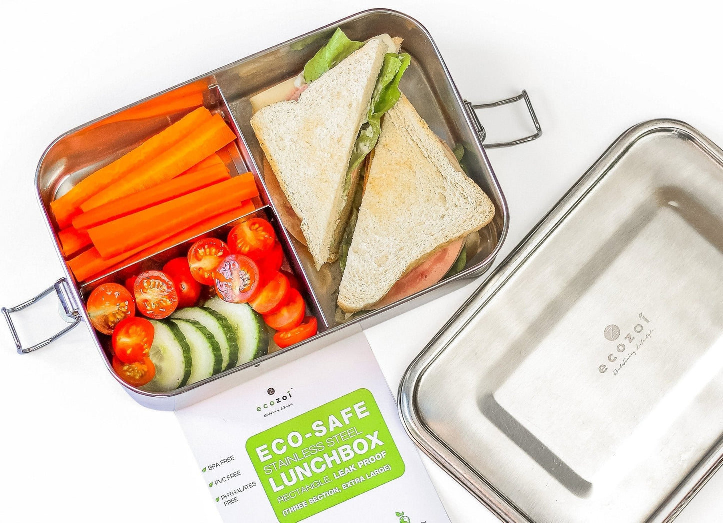 ecozoi Stainless Steel Lunch Box, 3 Compartment Leak Proof, 50 Oz