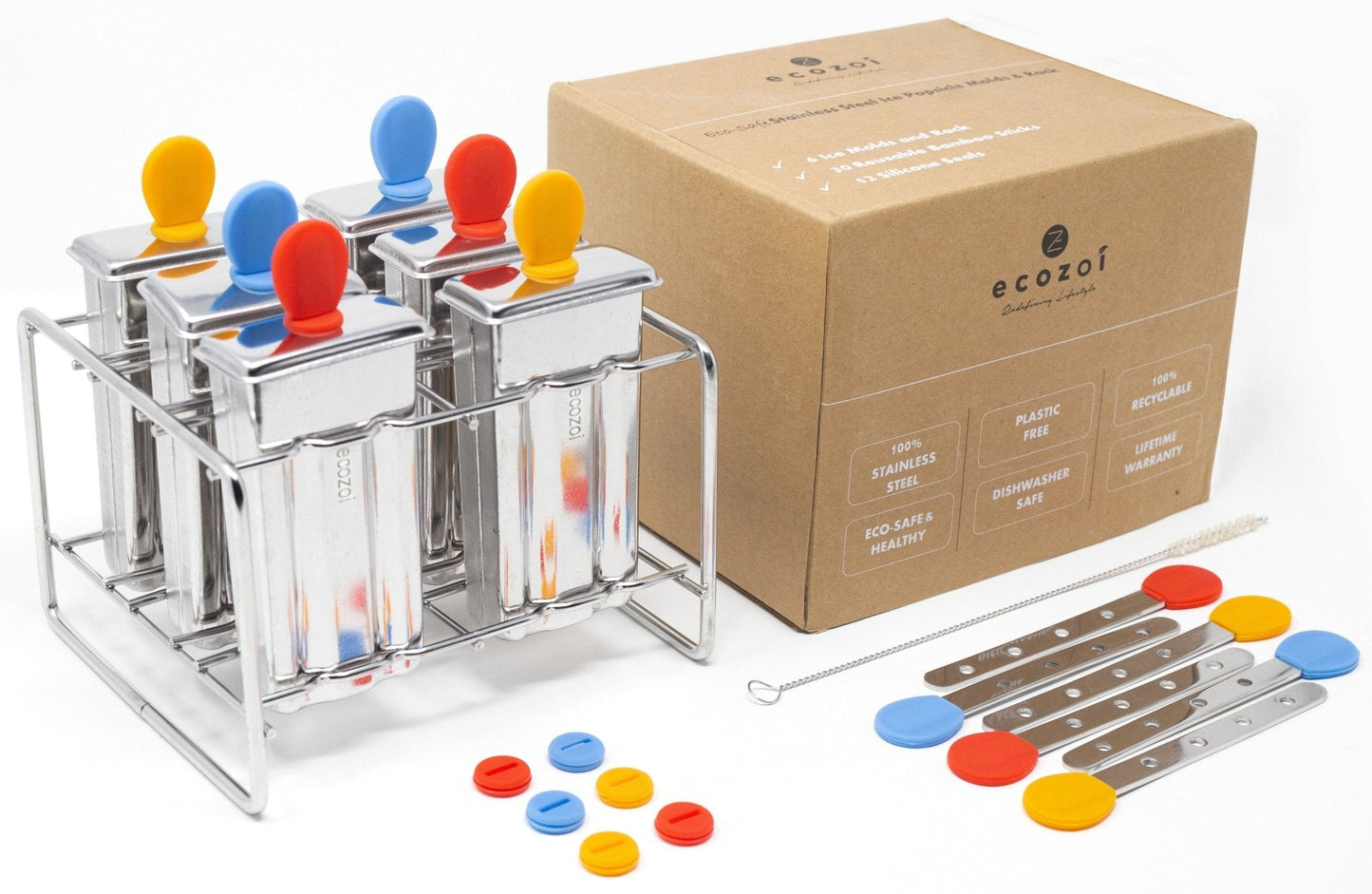 ecozoi Stainless Steel Popsicle Molds and Rack, Square Shape, Steel Sticks