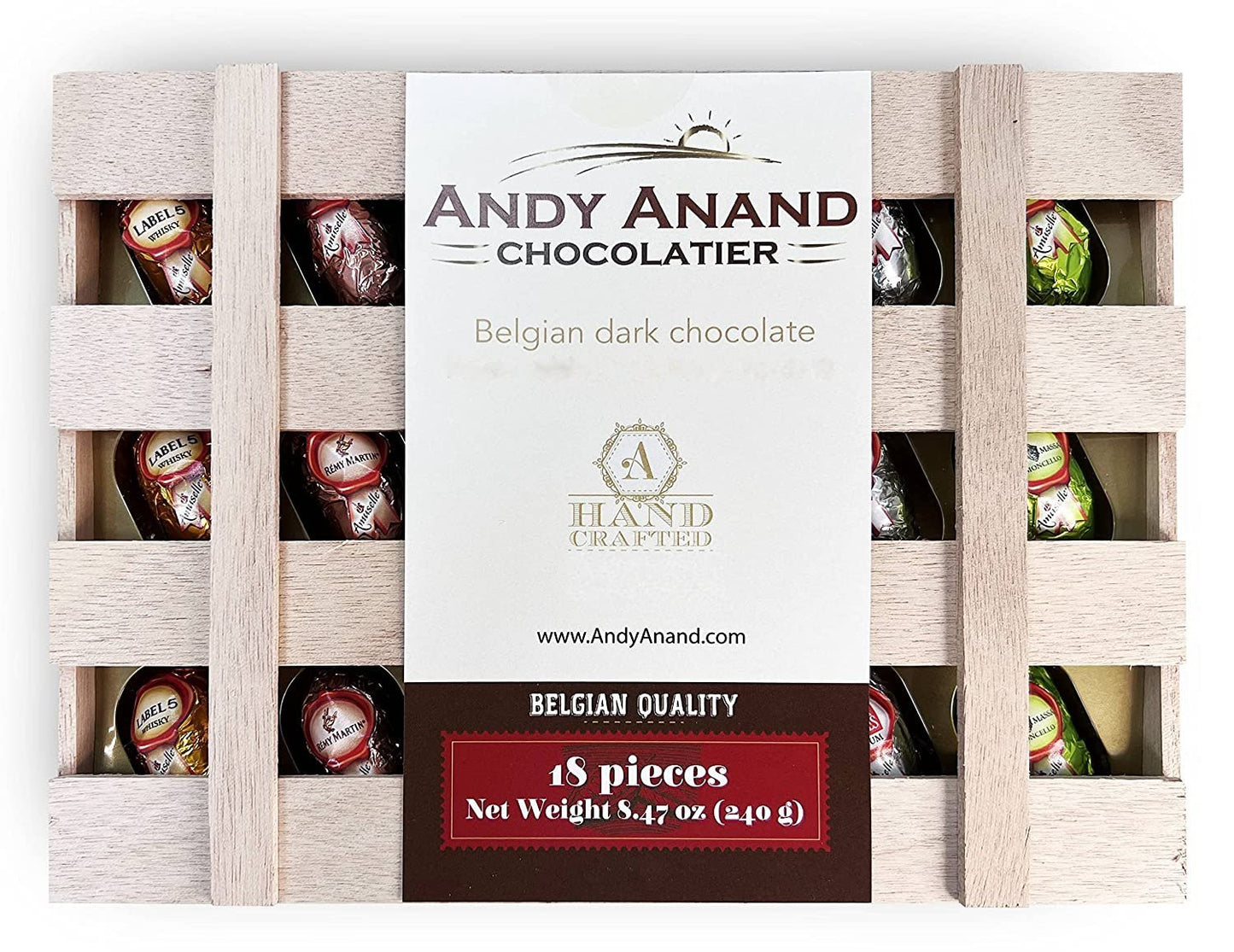 Andy Anand European Vegan Dark Chocolate – 18 Pc Non-Alcoholic Cocktail Flavors, 60% Chocolate (Cocoa Butter), Wooden Gift Box