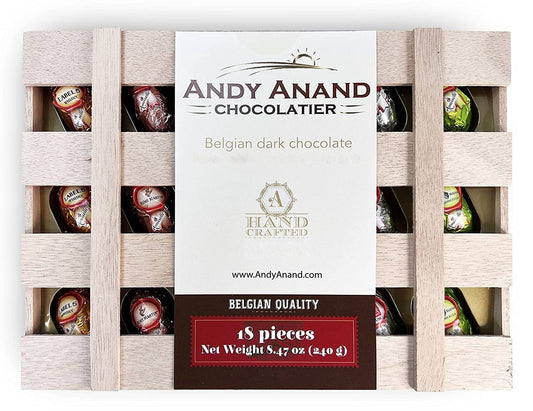 Andy Anand European Vegan Dark Chocolate – 18 Pc Non-Alcoholic Cocktail Flavors, 60% Chocolate (Cocoa Butter), Wooden Gift Box