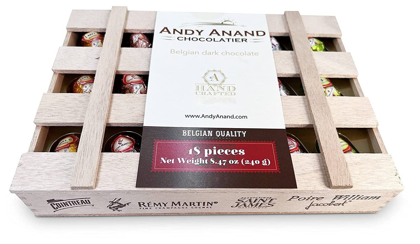 Andy Anand European Vegan Dark Chocolate – 18 Pc Non-Alcoholic Cocktail Flavors, 60% Chocolate (Cocoa Butter), Wooden Gift Box