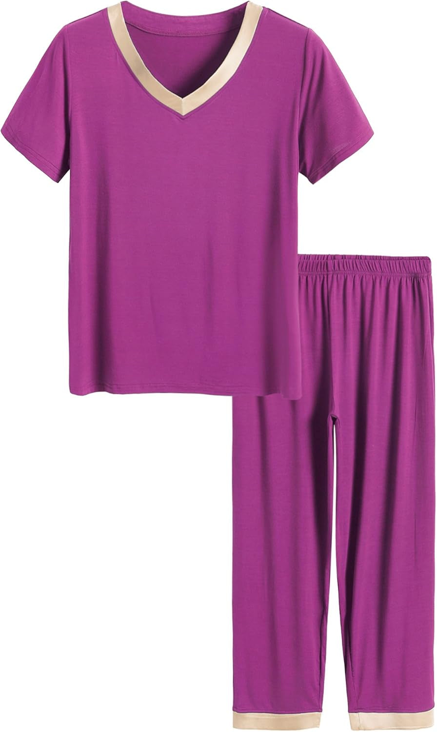 Women'S V-Neck Sleepwear Short Sleeves Top with Pants Pajama Set
