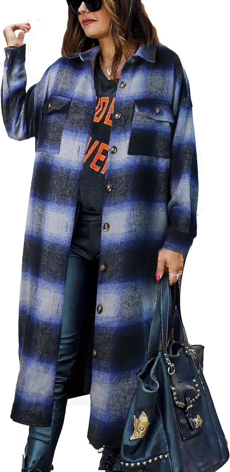 Women'S Flannel Plaid Shacket Fall Oversized Long Button down Shirt Jacket Shackets