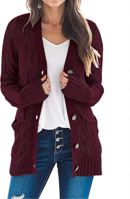Women'S 2025 Fall Long Sleeve Cable Knit Sweater Open Front Cardigan Button Loose Outerwear