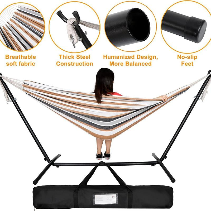 Double Hammock Set with Steel Stand,Brazilian Style Double Hammock Set with Steel Stand 450Lb Capacity Steel Stand, Premium Carry Bag Included, for Backyard, Camping,Garden Double Hammock Canvas Outdoor Patio,Heavy Duty Portable Hammock Stand