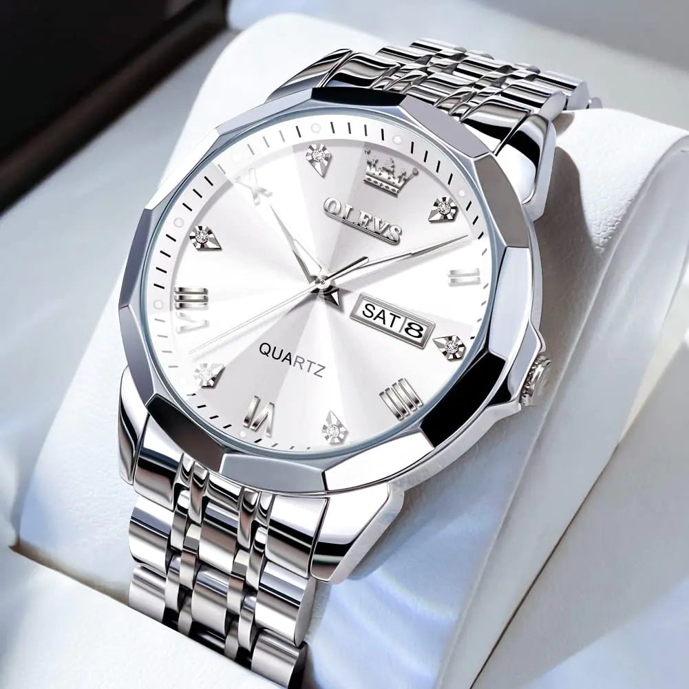 OLEVS Elegant Silver: Two-Tone Men’s Diamond Watch