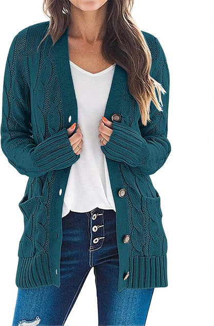 Women'S 2025 Fall Long Sleeve Cable Knit Sweater Open Front Cardigan Button Loose Outerwear
