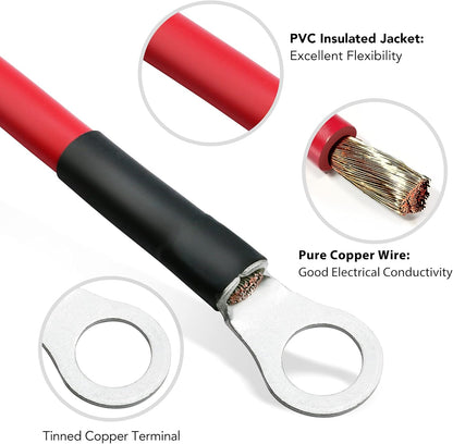 8 AWG Battery Cables, 8 Gauge 2 Feet Red + 2 Feet Black Pure Copper Wires with 3/8" Lugs Both Ends for Car Marine Solar Lawn Mower Motorcycle