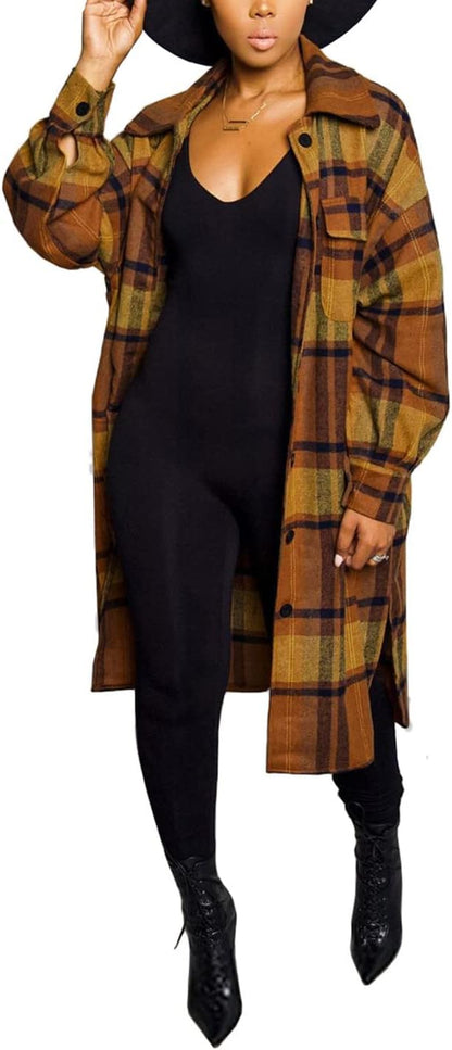 Women'S Flannel Plaid Shacket Fall Oversized Long Button down Shirt Jacket Shackets