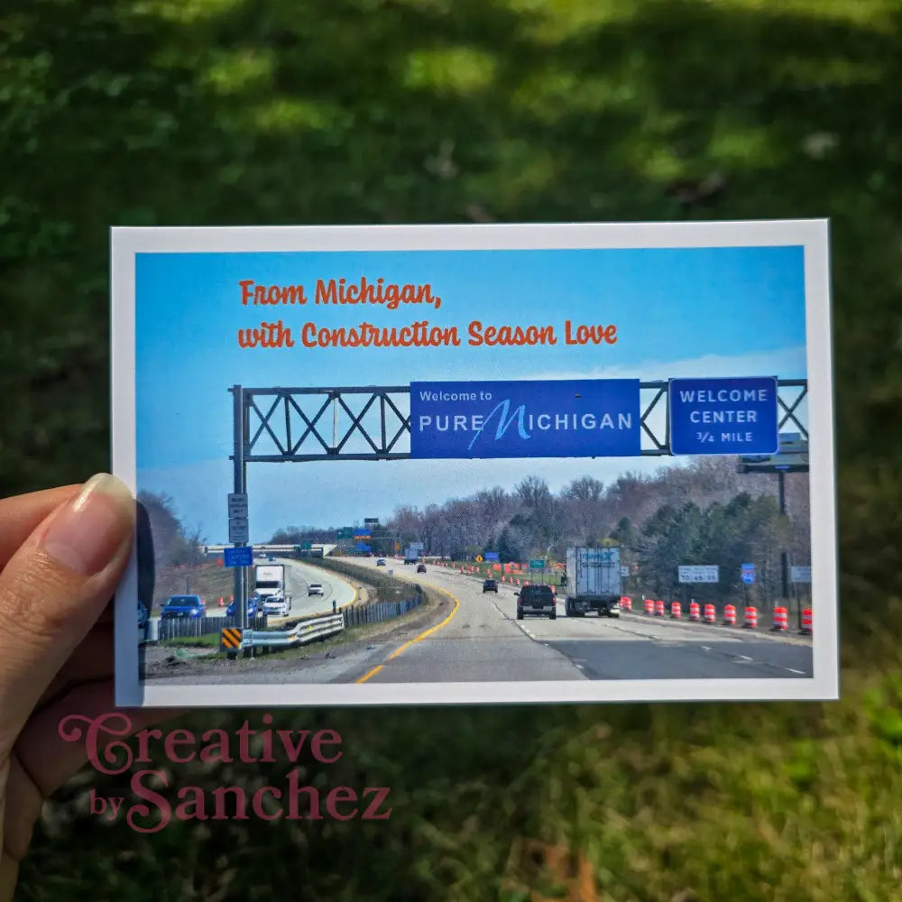 From Michigan with Construction Season Love – Funny Road Sign Postcard – Licensed Photography with Original Design