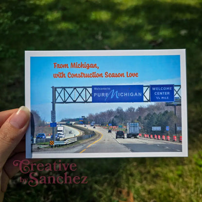 From Michigan with Construction Season Love – Funny Road Sign Postcard – Licensed Photography with Original Design