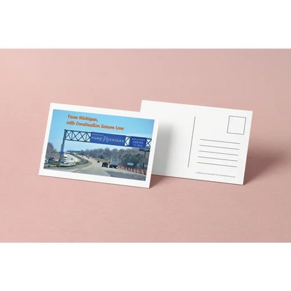 From Michigan with Construction Season Love – Funny Road Sign Postcard – Licensed Photography with Original Design