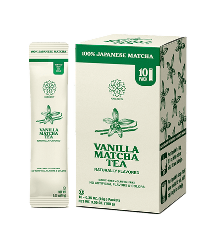 Harmony Matcha Vanilla – Premium Shade-Grown Japanese Matcha, Sweetened with Organic Sugar (10 Stick Packs)