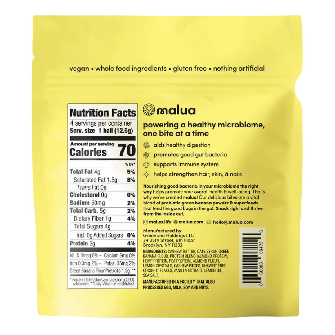 Malua Prebiotic Organic Gut Healthy Vegan Keto Friendly, Low Carb Cashew Lemon Bites - 8  Bags x 1.8 oz