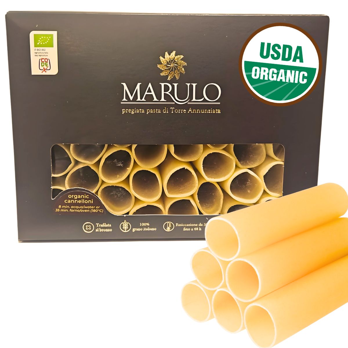 Marulo, Organic Cannelloni Pasta, Artisan Italian Pasta, Bronze Die Cut, 10 Pack x 1.1 lb
