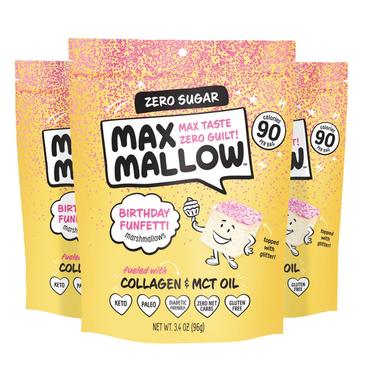 Max Sweets NEW Know Brainer Max Sweets Snacks Low Carb FunFetti Max Mallow marshmallows with glitter- Gluten Free, Soy Free, Zero Sugar snack, Non-GMO 3 pack