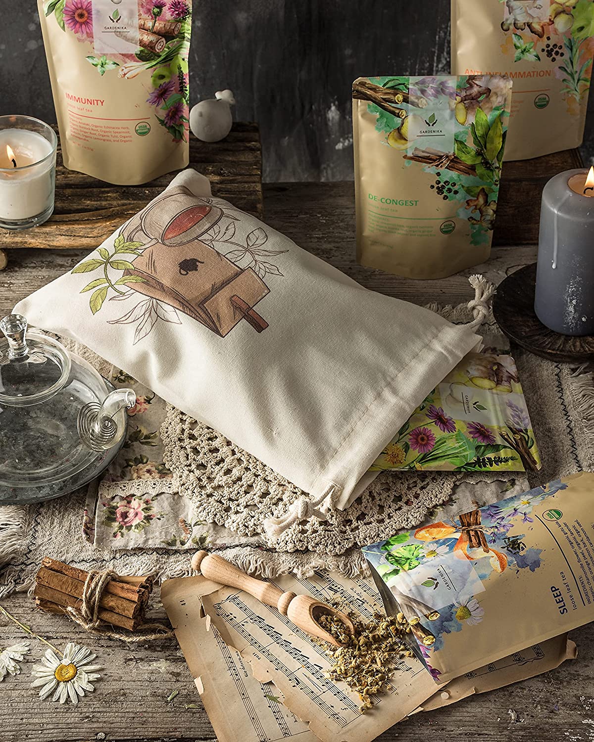 Gardenika Loose Leaf Herbal Tea Gift Sampler, USDA Organic, Caffeine Free, 120+ Cups – 5 Pack