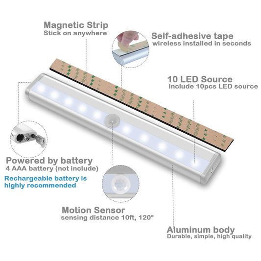 3-Pack 10 Led Motion Sensor Stick On Light Bars