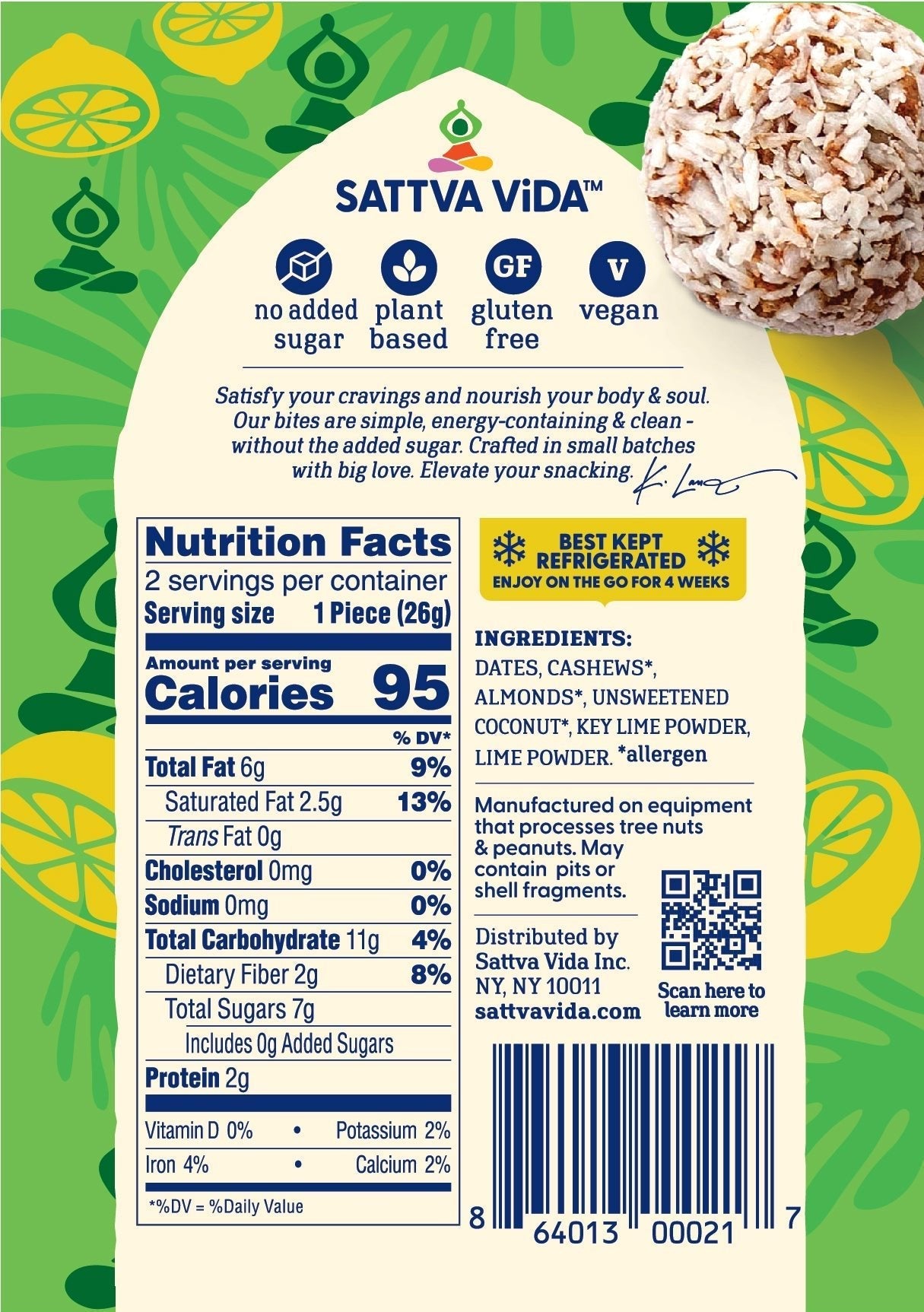 Sattva Vida NEW - Key Lime Love Energy Bites, 2pack (10 per case)