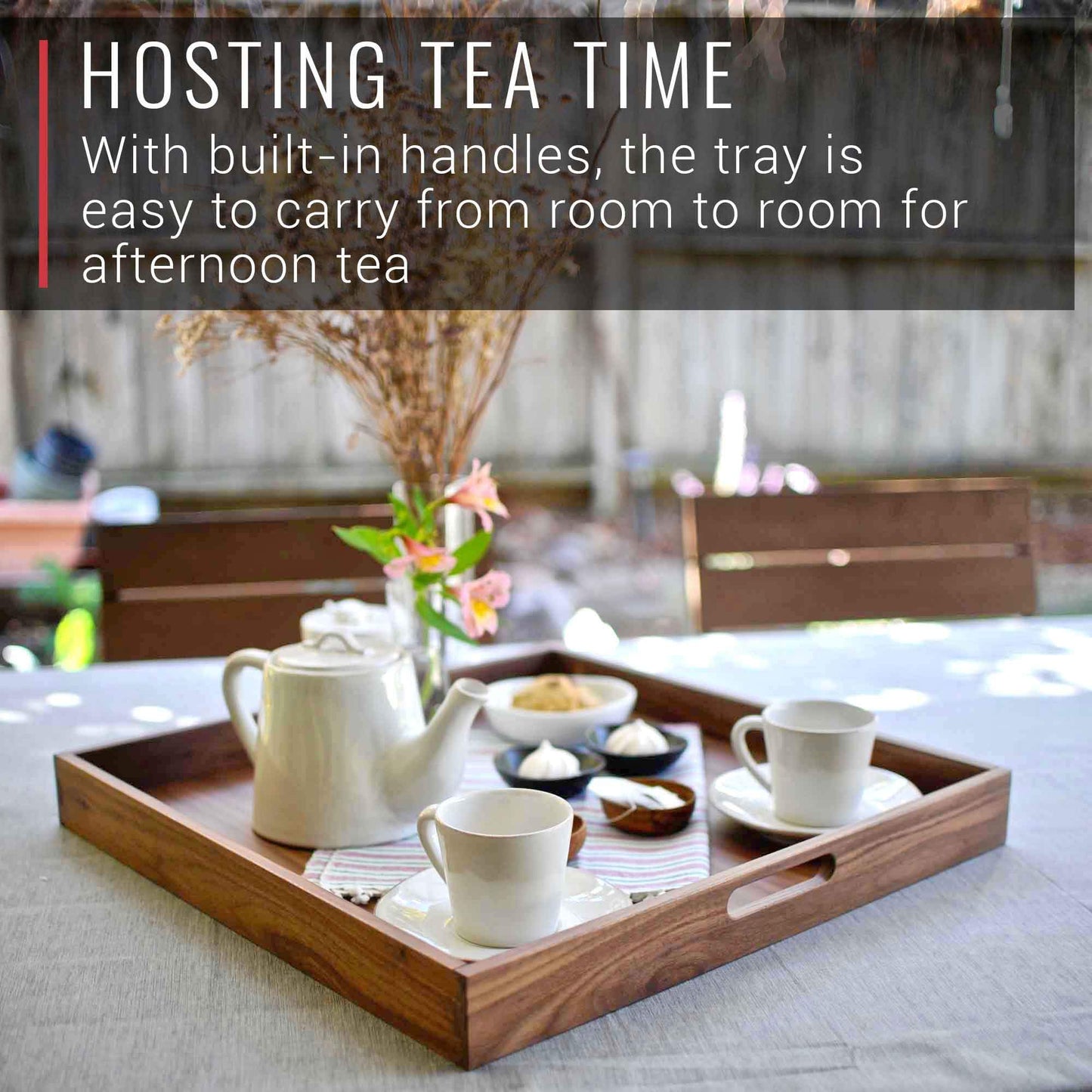 Virginia Boys Kitchens 20 x 20 Inch Square Walnut Wood Serving and Coffee Table Tray with Handles