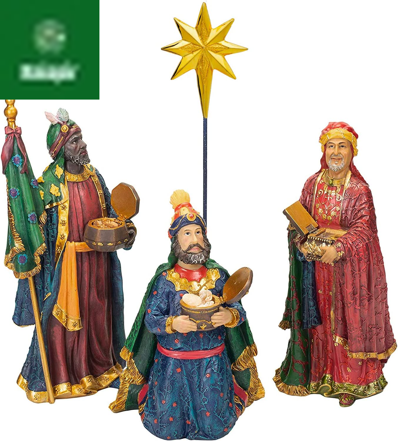 Three Kings Gifts Magi, Wise Men, Christmas Star, Angel, Shepherds, Sheep, Holy Family, Jesus in Manger, Real Gold in Trunk, Nativity Scene Set & Figures, 11-Pieces, for 7 Inch Scale Collection