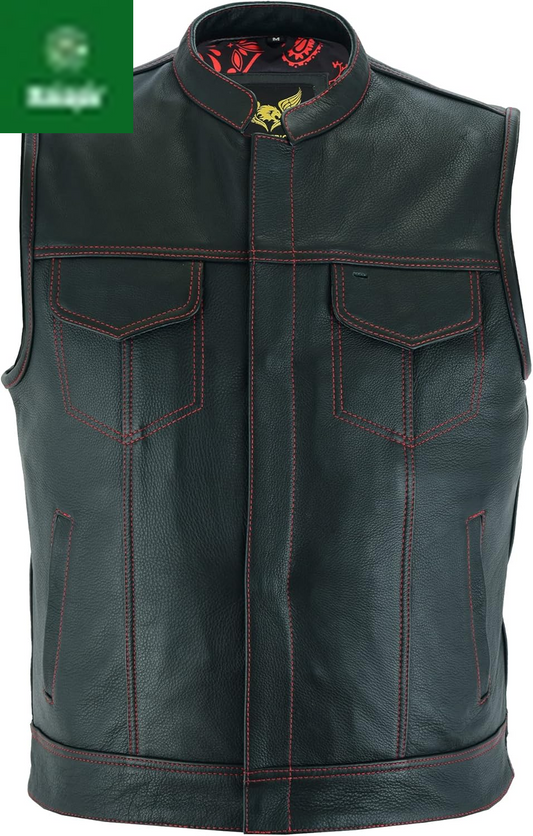 Mens Black Motorcycle Vests - SOA Club & Traditional Paisley Satin Liner Leather Biker Vests