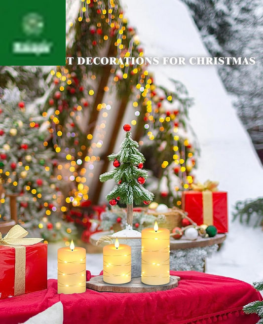 Flameless Candles with String Lights，Battery Operated Candles,Led Flickering Candles with Remote Control and Timer, Real Wax, 3 Pack-Ivory